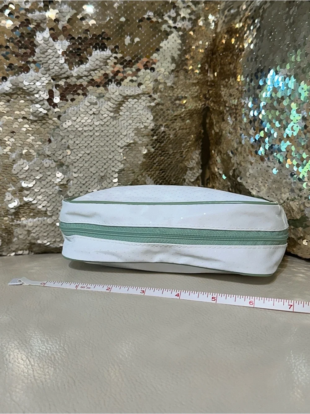 Vintage Clinique White & Sage Green Polka Dot Makeup Travel Case